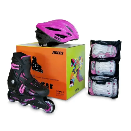 پک اسکیت ، کلاه، لوازم ایمنی و جعبه اورجینال اسکیت روسز اصل مشکی صورتی