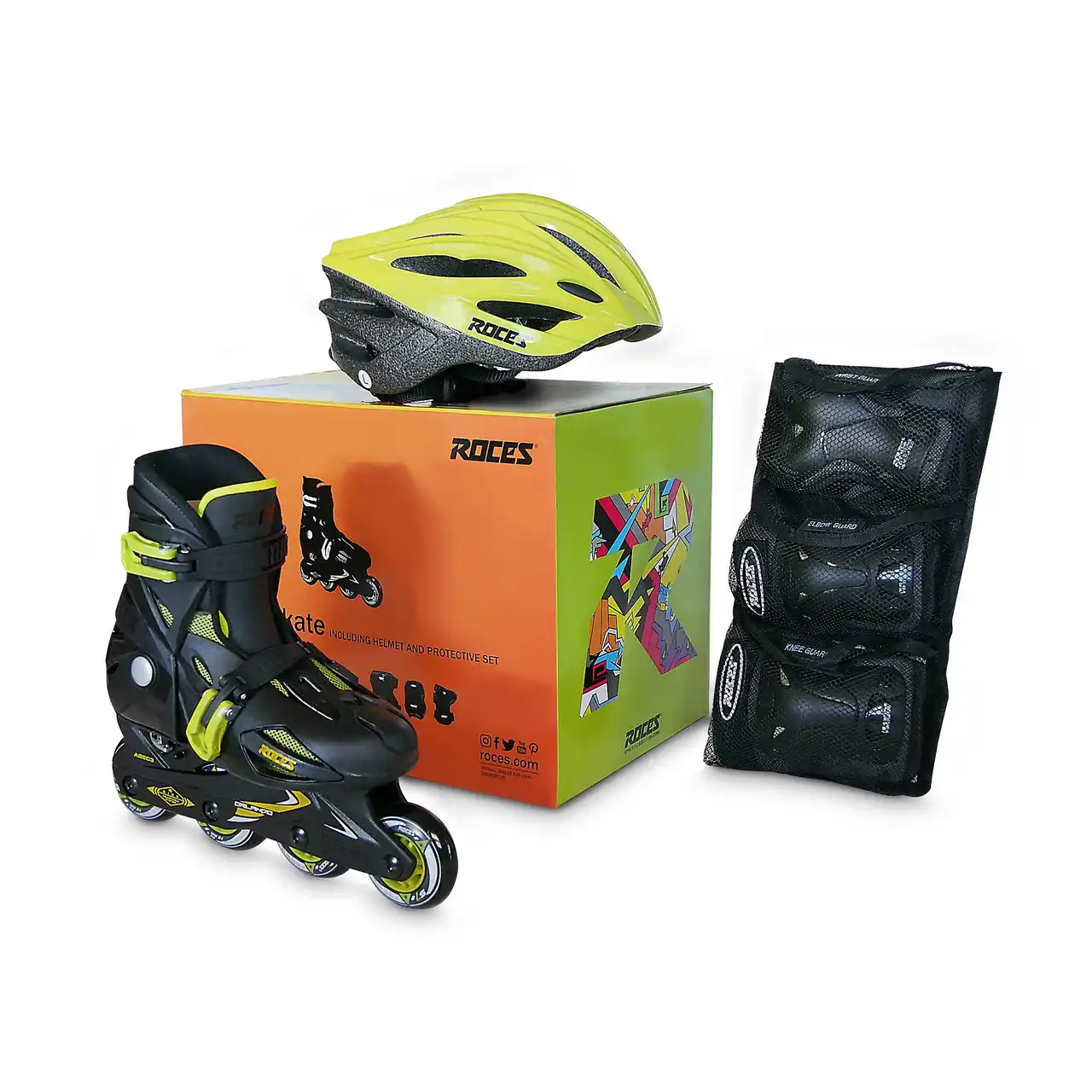 پک اسکیت ، کلاه، لوازم ایمنی و جعبه اورجینال اسکیت روسز اصل مشکی سبز