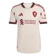لباس دوم پلیری لیورپول 2025-26 به رنگ کرم و قرمز شرابی، دارای لوگوی ژله‌ای L.F.C و Adidas