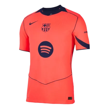 لباس سوم پلیری بارسلونا 2025-26 نارنجی نئون با لوگوهای دوختی FCB و Nike، نسخه رسمی Player Fit با اسپانسر Spotify