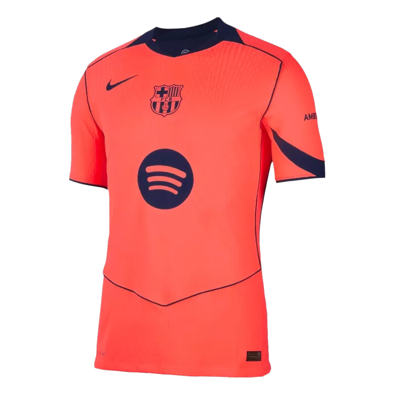 لباس سوم پلیری بارسلونا 2025-26 نارنجی نئون با لوگوهای دوختی FCB و Nike، نسخه رسمی Player Fit با اسپانسر Spotify