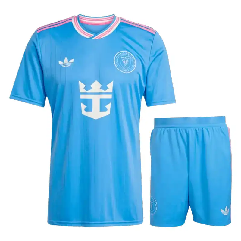 ست رترو اینتر میامی 2026 از کالکشن آدیداس اورجینالز - پیراهن و شورت آبی با لوگوی کلاسیک Trefoil و اسپانسر Royal Caribbean