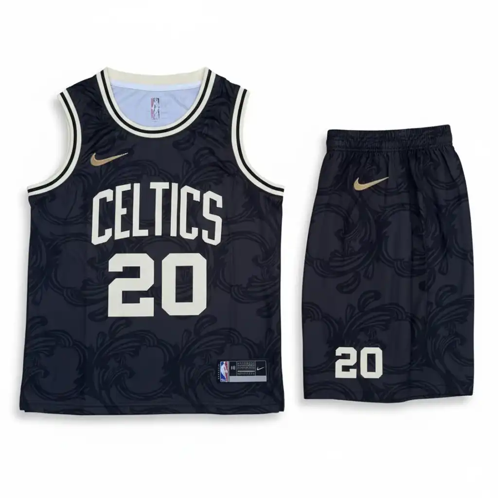 ست رکابی و شورت بسکتبال بزرگسال بوستون سلتیکس با طرح باروک مشکی و جزئیات طلایی و کرم