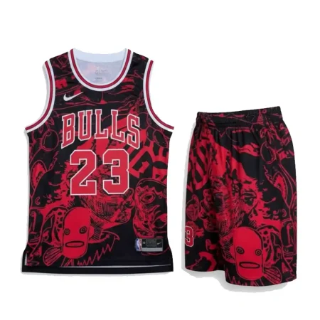 ست رکابی و شورت بسکتبال بزرگسال شیکاگو بولز شماره 23 با طرح هنری انتزاعی قرمز و مشکی