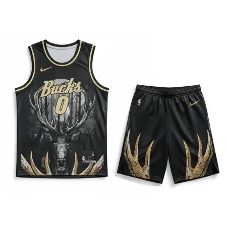 ست رکابی و شورت بسکتبال بزرگسال میلواکی باکس مشکی با طرح گرافیکی گوزن و شماره ۰ دیمین لیلارد به رنگ طلایی