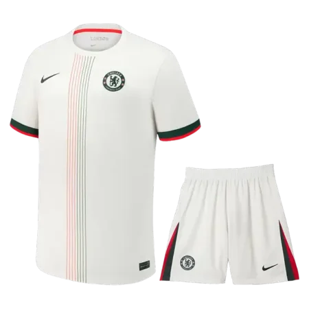 ست پیراهن و شورت سوم چلسی 2026 - کیت هواداری به رنگ کرم با نوارهای عمودی رنگی و لوگوی سبز