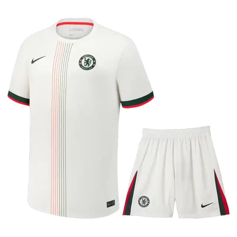 ست پیراهن و شورت سوم چلسی 2026 - کیت هواداری به رنگ کرم با نوارهای عمودی رنگی و لوگوی سبز