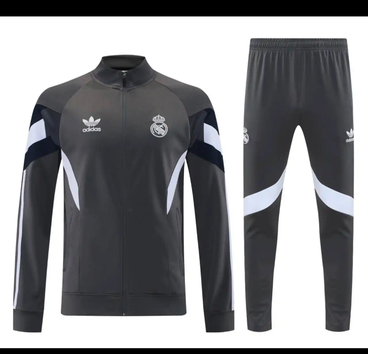 گرمکن شلوار طوسی تمام زیپ رئال مادرید 2026 با لوگو دوختی تایلندی